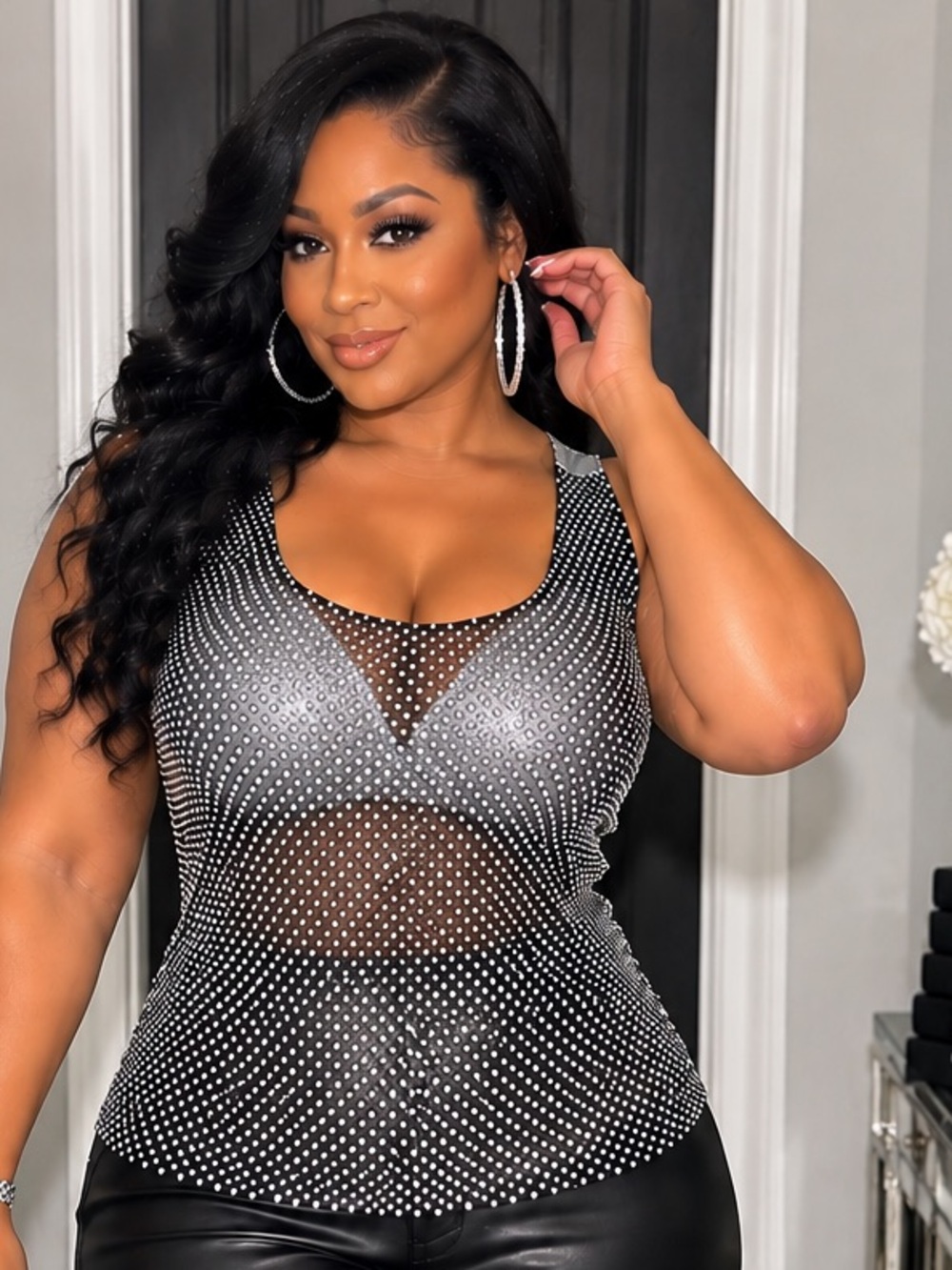 Studded Sheer Black Tank Top — Women's Fashion